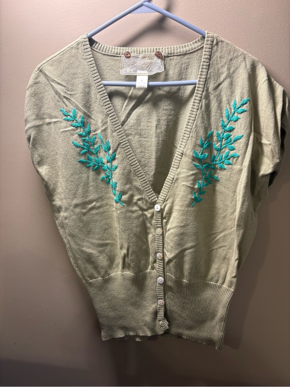 Nick & Mo Sage Green V-Neck Button Sweater Vest with Teal Embroidery